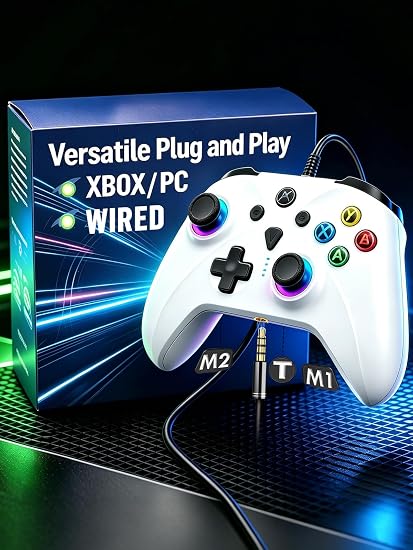 Enstixsm Wired Controller for Xbox,Turbo Macro,RGB Light,Gaming,White