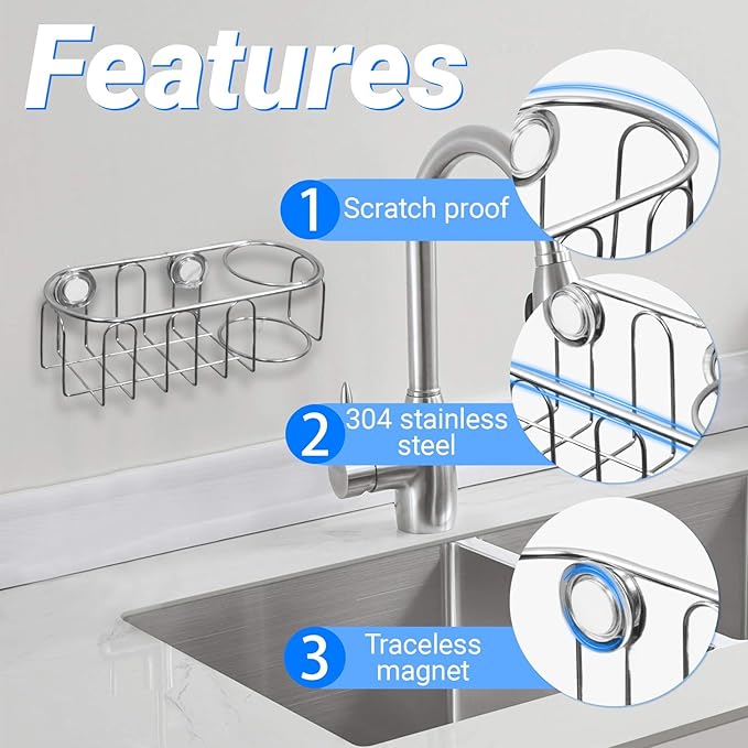 Sink Sponge Holder, Magnetic Kitchen Sink Caddy Holder, 304 Stainless Steel Sink Brush Holder+Sponge Holder, Two Suspension Modes, Sink Drain Frame- Silver (Magnet + traceless suction cup)