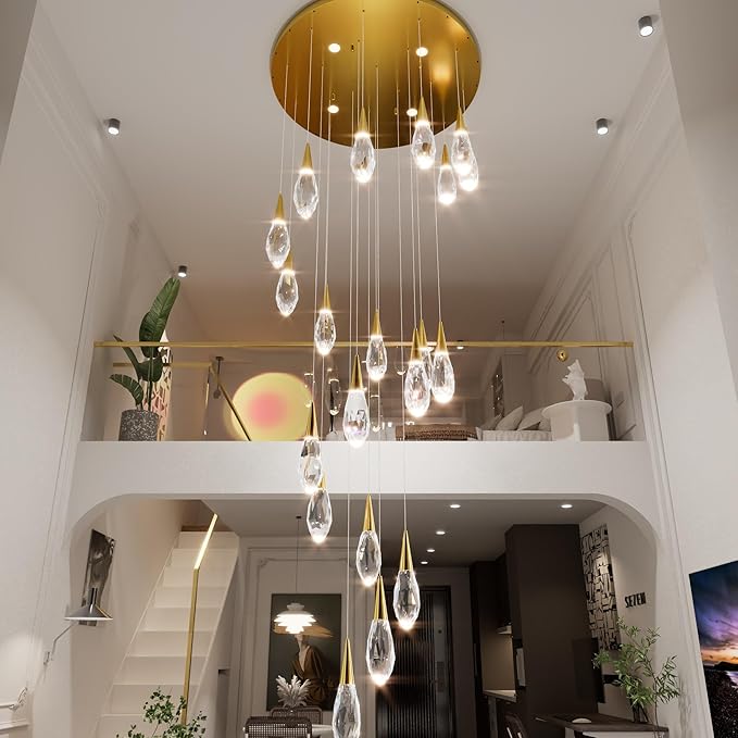 20 Lights Large Chandelie for High Ceiling Gold Pendant Light Fixture with Dimmable Big Crystal Chandelier for Staircase Foyer Villa