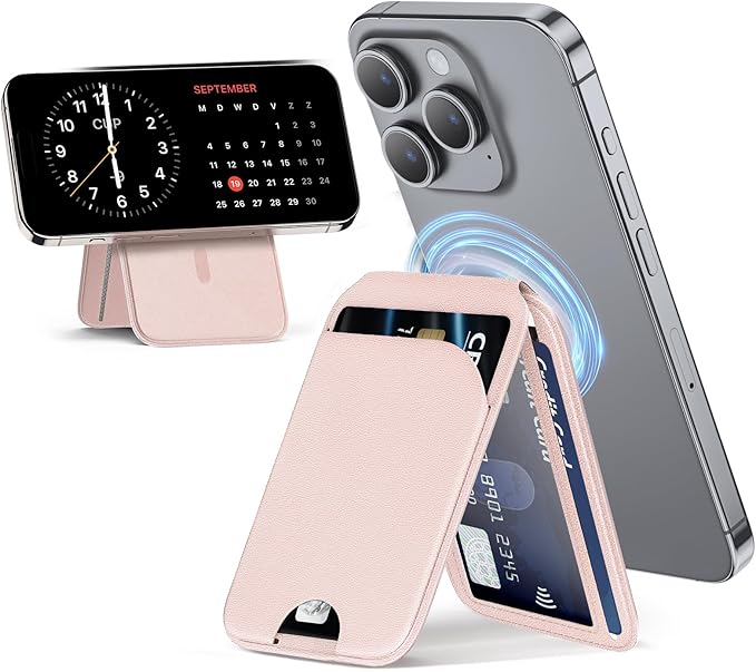 Mag-Safe Wallet for Women Strongest Magnetic Lightweight Phone Wallet Stand Adjustable Leather Card Holder for iPhone 17/16/15/14/13/12 Series, Not for iPhone 13/12 Mini (Pink)