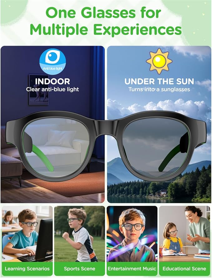 Kids Smart Glasses: UV400 Blue Light Glasses - Built-in Mic & Open Ear Bluetooth Speakers - 7-color RGB Light Strip - Voice & Touch Control - Works with iOS/Android for Kids 6-12 Gifts