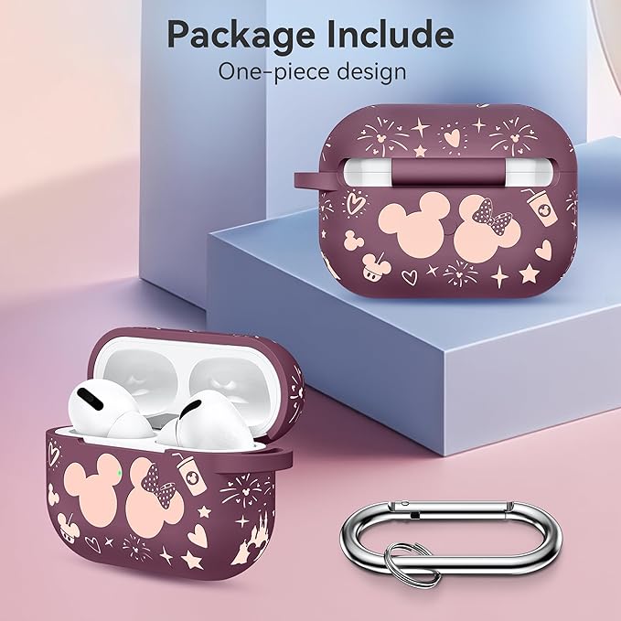 Compatible with Airpods Pro 2nd/1st Generation Case Cover with Keychain, Women Men Soft Silicone Two-Tone Cute Cartoon Engraved Convenience Protective Case, Front LED Visible Violet Smoke/Pink