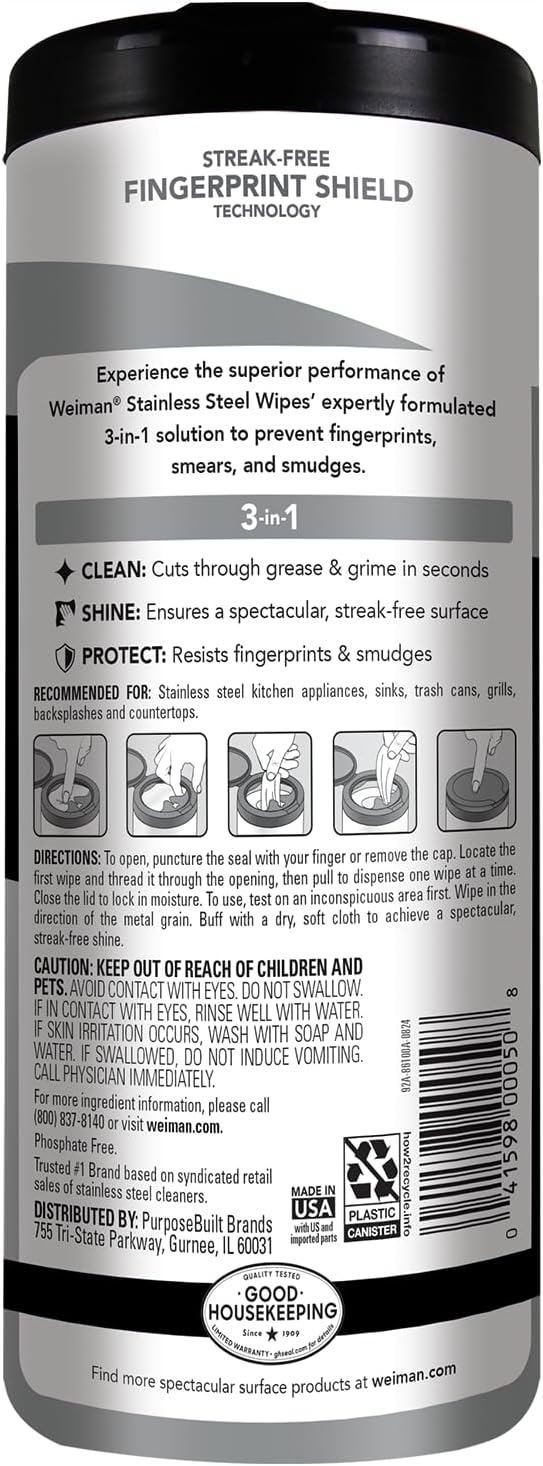 Weiman Stainless Steel Cleaner and Polish Wipes Bundle with Microfiber Cloth-Removes Fingerprints, Water Marks and Grease from Appliances - Works Great on Refrigerators, Ovens, and Grills,Grey