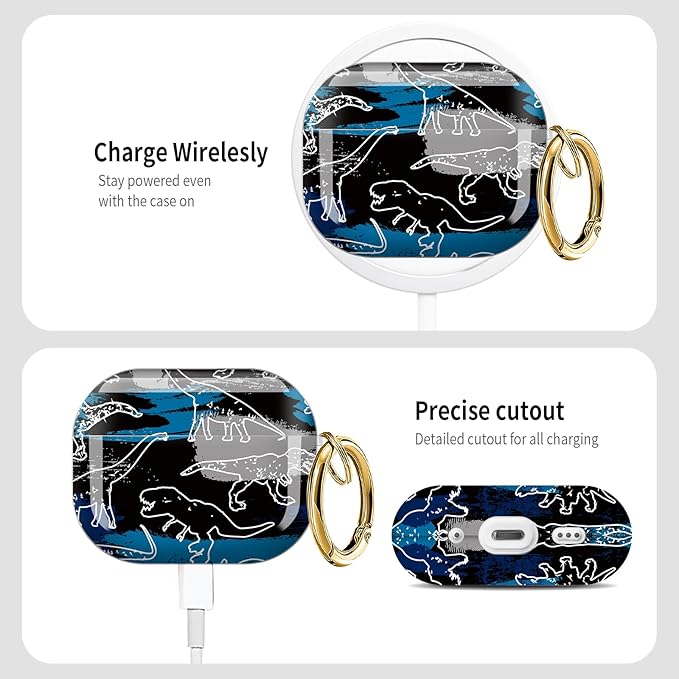 Cute Hard Case Compatible with AirPods Pro 3rd Generation Case (2025), Shockproof Protective Cover with Golden Keychain Ring Clip (Hand Drawn Dinosaur)