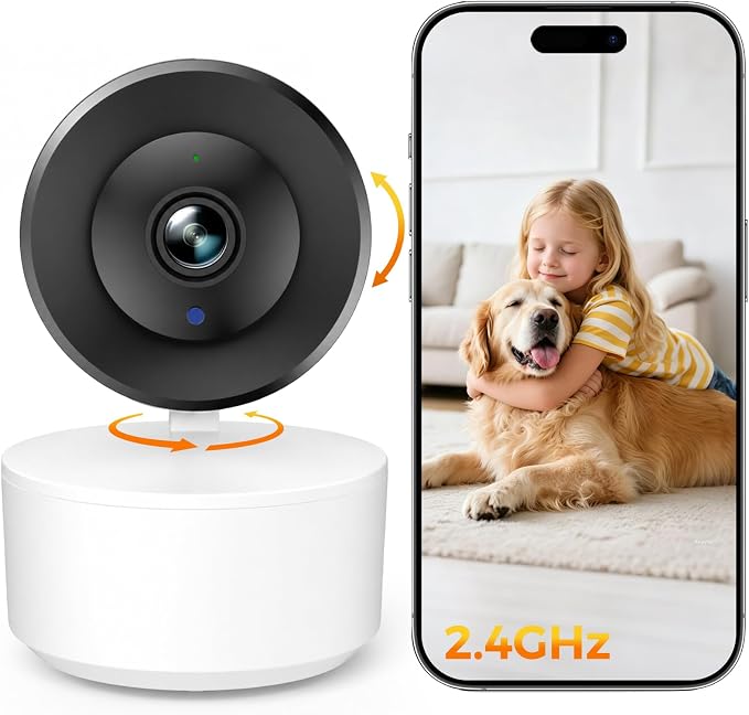 VSKY 3MP Rotatable WiFi Camera for Pet Baby Watching, Wall Mountable PT Camera 7x24h Recording DC5V Type-C Power Supply, White