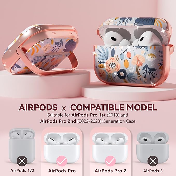 Inesore for AirPods Pro 2nd Generation Case Cover with Lock, Flowers Cute Air Pods Pro 2 Case Hard iPod Pro Cases for Women Girls with Cleaner Kit (2023 USB-C /2022/2019) -Blue Flower