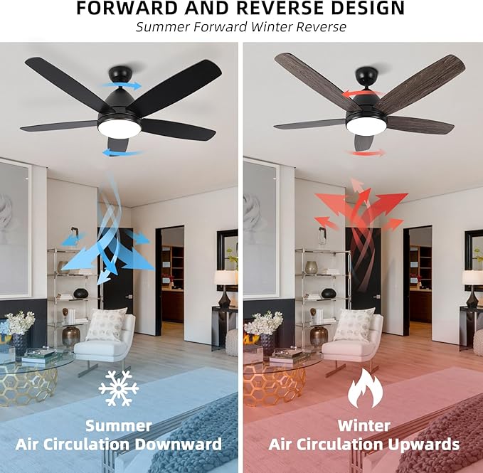 Smart Ceiling Fan with Light, 52 Inch Modern Black Outdoor Ceiling Fan and Remote/App, Dimmable Tri-Color LED and Reversible Motor for Indoor Bedroom/Outdoor Covered Patio