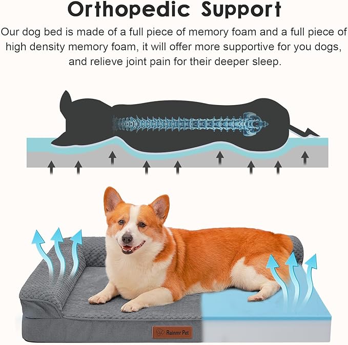 Orthopedic Dog Beds Large Sized Dog, 36x27x6 Inches Memory Foam Pet Bed for Large Dogs, Washable Removable Cover, Nonskid Bottom, Waterproof, Dark Grey