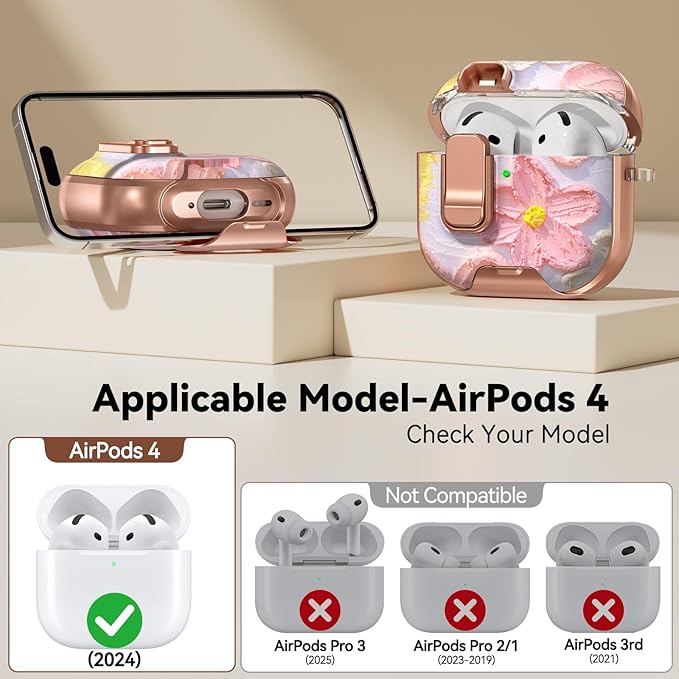 for AirPods 4 Case, with Safty Lock & Phone Stand for Floral AirPods 4th Generation Case Cover for Women Girly, iPod 4 Case with Keychain & Cleaner Kit - Oil Painting Flower