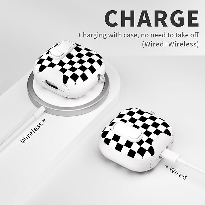 for AirPods 4 Case with Secure Lock Clip in Phone Stand,Floral Girly Style Protective Cover with Cleaning Kit and Hand Strap for Apple AirPod 4 Generation (Black White Squares)