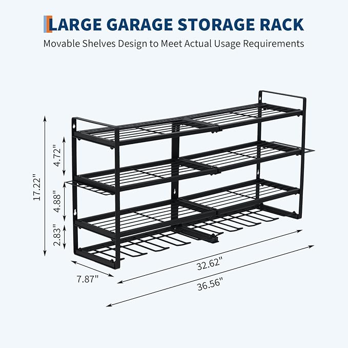 Power Tool Organizer, Drill Holder Wall Mount, Heavy Duty 4-Layer Drill Storage Shelf Loads 400Lbs, 8 Drill Holders and Drill Bit Rack, Utility Power Tool Storage for Garage Workbench