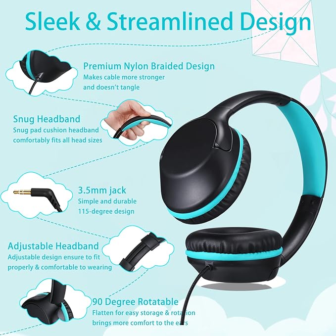 Kids Headphones Over-Ear Headphones for Kids/Teens/School with 94dB Volume Limited Adjustable Stereo 3.5MM Jack Wire Cord for Fire Tablets/Travel/PC/Phones(Black)