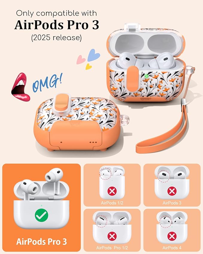 TATOFY for AirPod Pro 3 Case (2025) with Phone Stand Lanyard Lock Cleaning Kit, Compatible with Magsafe, Flowers Hard AirPods Pro 3rd Generation Cover for Women (Orange, AirPods Pro 3)
