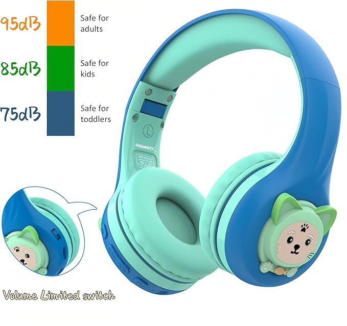 Riwbox CB-7S Kids Wireless Headphones,with Safe Volume Control 74/85/95dB,LED Glow Lights,50H Playtime,Bluetooth V5.3,Built-in Mic, TF Card Slot,for Travel/School/Phone/Laptop(Blue&Green)