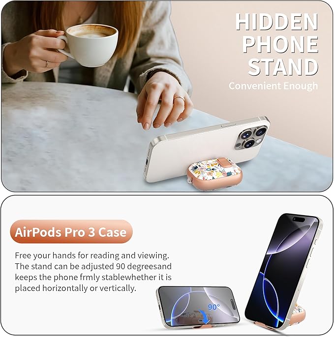 for AirPods Pro 3 Case(2025) with Secure Lock Clip and Phone Stand,Floral Girly Style Protective Cover with Cleaning Kit and Hand Strap for Apple AirPod Pro 3 Generation (Palm Petals)