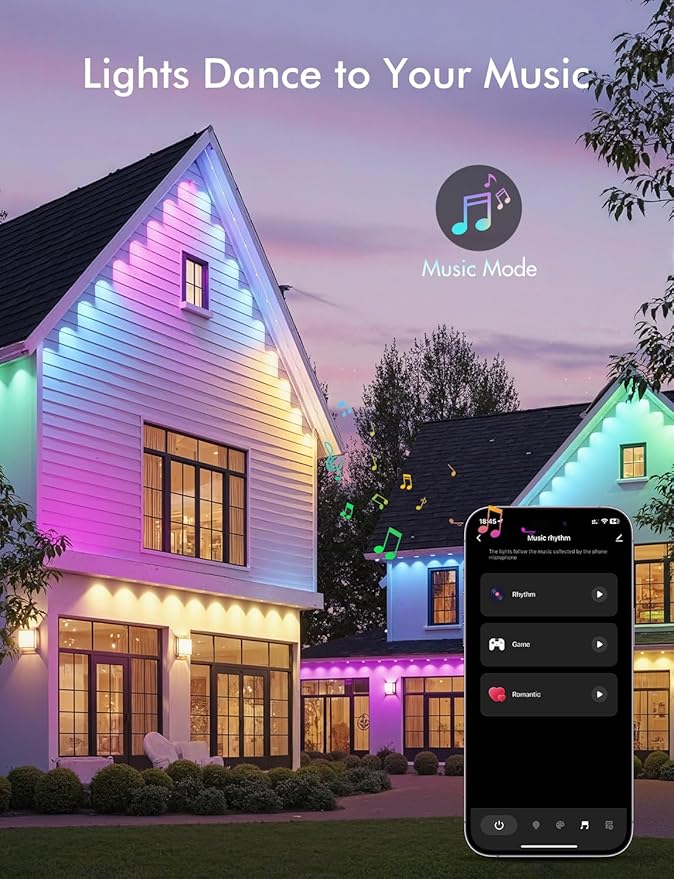 Permanent Outdoor Lights, 124 FT with 72 RGB LED for Daily and Accent Lighting, 63 Scenes and DIY Mode for Christmas, IP67 Waterproof, Compatible with Alexa, Google Assistant