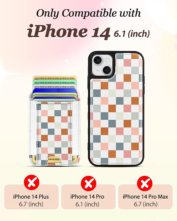 Shorogyt for iPhone 14 Wallet Case - Fits 5 Cards, Compatible with Magsafe Detachable Magnetic Credit Card Holder Leather Cardholder Cute Phone Cover Women Girls for Apple 14, Checkered