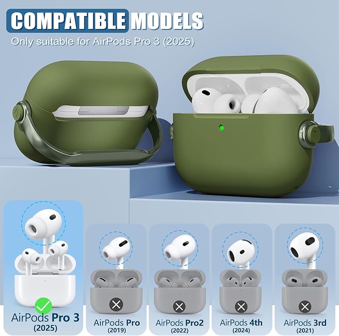 for Airpods Pro 3 Case,Safety Lock Cases for Apple Airpod Pro 3 (2025) with Cleaner Kit, Drop Protection Air pods Pro3 Case Cover for Men for Women with Keychain,Army Green