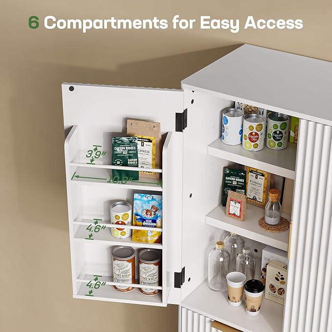 Marsail 72" Tall Kitchen Pantry Cabinet, Spacious Storage Cabinet with a Drawer, 4 Adjustable Shelves, 6 Door Shelves, Anti-Tip Safety, Fluted Cabinet for Kitchen, Dining, and Living Room, Light White