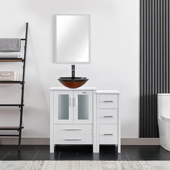 eclife 36" Modern Bathroom Vanity Sink Combo Freestanding Cabinet with Small Side Cabinet, Brown Square Glass Vessel Sink, Water Save Faucet, Drain (White+A48)