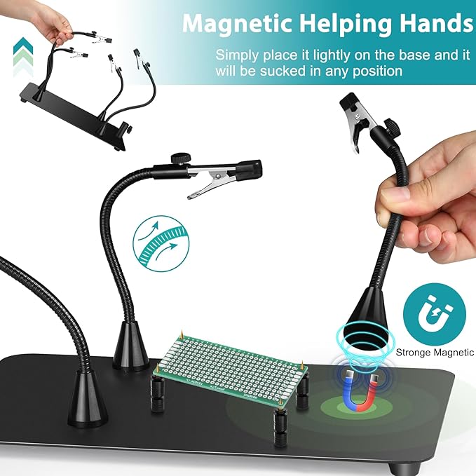 Helping Hands Soldering Station, 10X Magnifying Glass with Light and Stand with 4 Magnetic Third Hand & 4 PCB Circuit Board Holders, Hands Free Magnifier Desk Lamp for Soldering Repairing