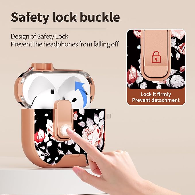for AirPods 4 Case with Secure Lock Clip in Phone Stand,Floral Girly Style Protective Cover with Cleaning Kit and Hand Strap for Apple AirPod 4 Generation (Rose Petals)