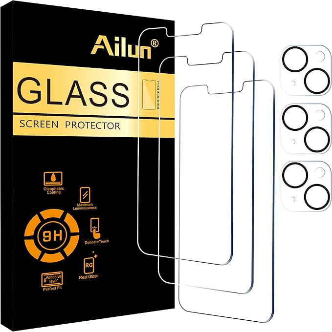 Ailun 3 Pack Screen Protector Compatible for iPhone 14 Plus[6.7 inch] + 3 Pack Camera Lens Protector,Case Friendly Tempered Glass Film,[9H Hardness] - HD