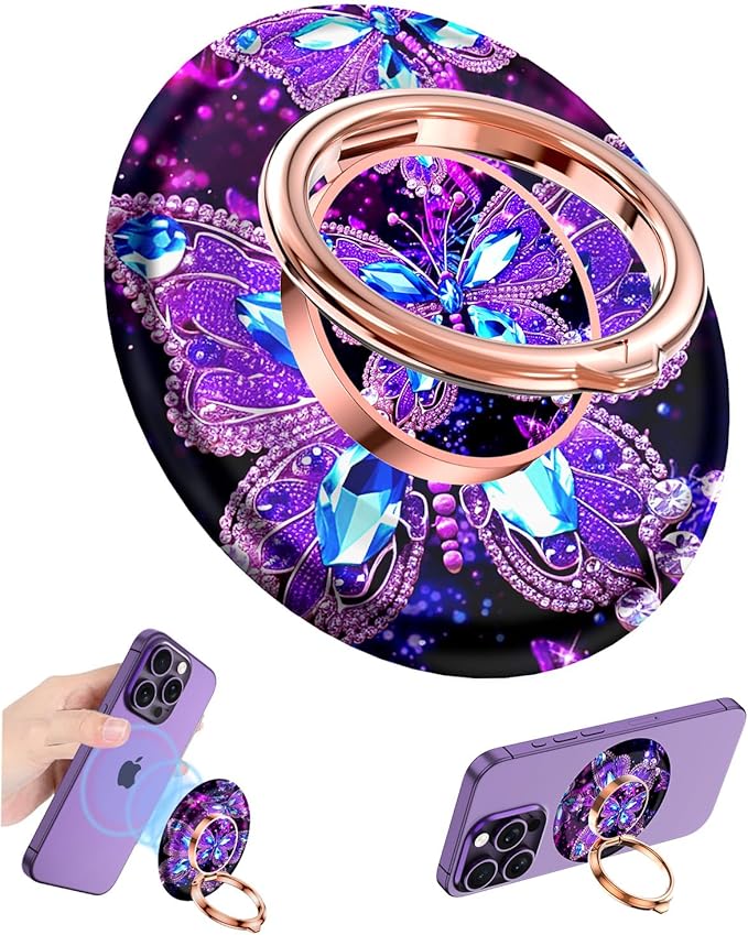 Magnetic Phone Ring Holder for MagSafe Grip,[Super Magnet],Stylish 360° Rotation Cell Phone Grip Stand Finger Ring Kickstand for iPhone 17 16 15 14 Pro Max,iPad and Smartphones,Butterfly