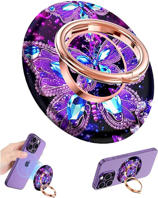 Magnetic Phone Ring Holder for MagSafe Grip,[Super Magnet],Stylish 360° Rotation Cell Phone Grip Stand Finger Ring Kickstand for iPhone 17 16 15 14 Pro Max,iPad and Smartphones,Butterfly