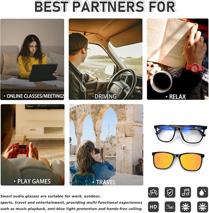 Smart Bluetooth Glasses for Women Men with Magnetic Lenses Music Sunglasses UV400 Open Ear,Clear Calls,Outdoor Driving (with Orange Lens)