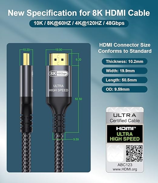 Certified 10K 8K HDMI 2.1 Cable 15 FT, 48Gbps Ultra High Speed HDMI® Cord Ethernet CEC 4K 240Hz 165Hz 144Hz 120Hz 8K 60Hz eARC Netflix HDCP2.3 HDR10+ PC Laptop RTX5090 TV Monitor Projector X-box PS5