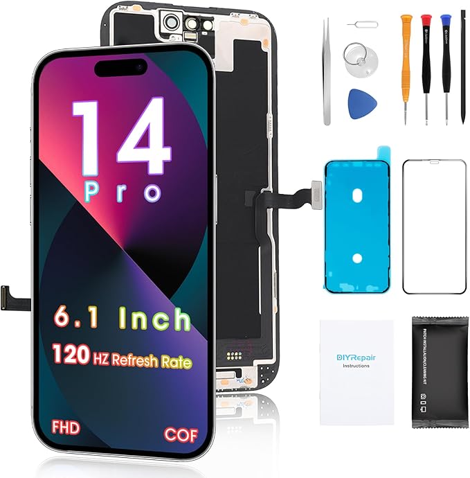for iPhone 14 Pro Screen Replacement 6.1', 3D Touch Display Full Repair kit, Digitizer Assembly with Tools Set, Tempered Glass, Instruction