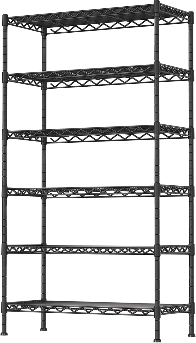 6-Shelf Adjustable Heavy Duty Storage Shelving Unit, Metal Organizer Wire Rack for Laundry Bathroom Kitchen Pantry Closet No Wheels, Black