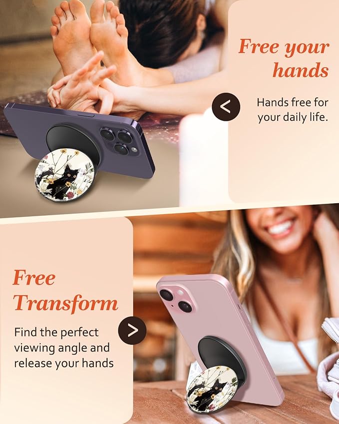 Kidcube Magnetic Phone Grip Compatible with Magsafe - Cell Phone Grip Stand Magnetic Ring Holder Finger Kickstand for iPhone 17 16 15 14 13 12 Series Magnet Removable Accessories Cute Black Cat Flower