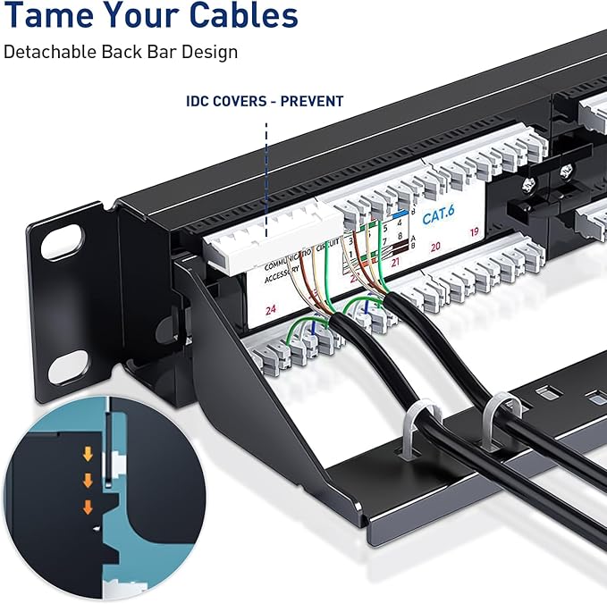 Cat6 Patch Panel 24-Port, UTP 1U 19-Inch Rack Mount Network Panel, All-in-One Design with Built-in Cable Management, Gigabit Ready Ethernet Punch Down Panel (110 Type Tool Compatible)