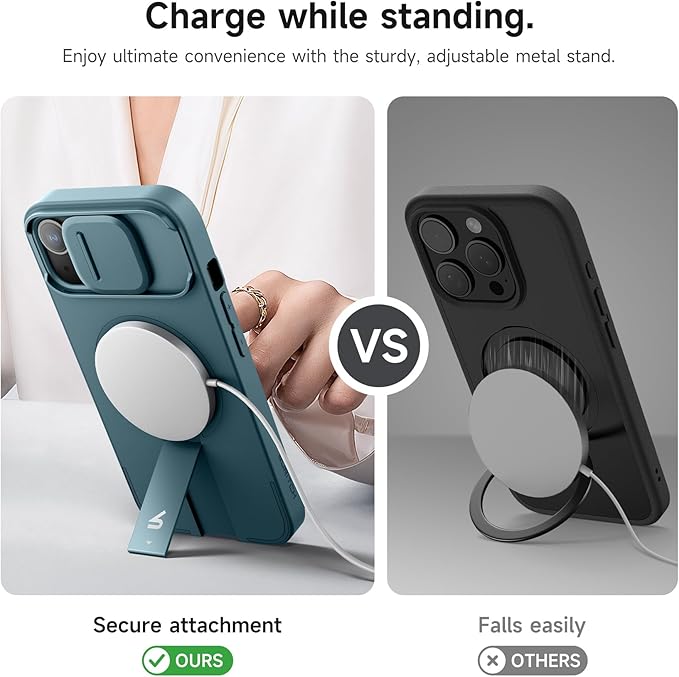 SURITCH for iPhone 15 Case with Magnetic Camera Slide Cover and Adjustable Kickstand, Compatible with MagSafe, Shockproof Bumper Case Slim Protective Cover 6.1 Inch, Lake Green