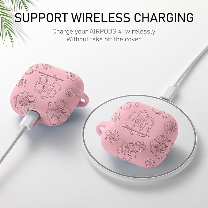 Maxjoy for Apple Airpods 4th Generation Case Cover(2024), Silicone Case with Cleaner Kit & Keychain Compatible Compatible with Airpods 4 case for Women,Men(Pink Flowers)