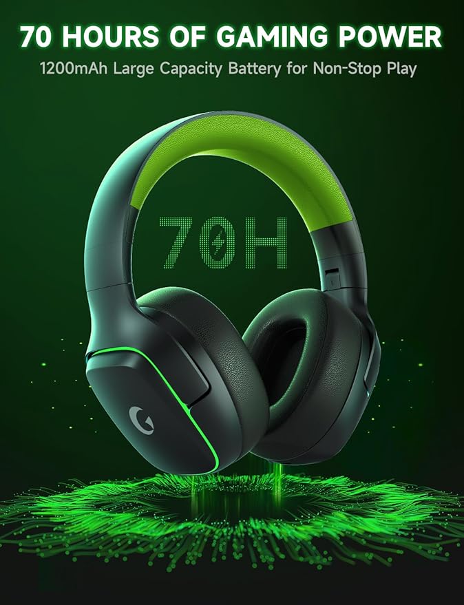 2.4GHz Wireless Gaming Headsets for PS5, PS4, PC, Switch - Bluetooth 5.3 Gaming Headphones with Noise Canceling Mic, 7.1 Surround Sound, 70H Battery, Blue Lighting - Black Green