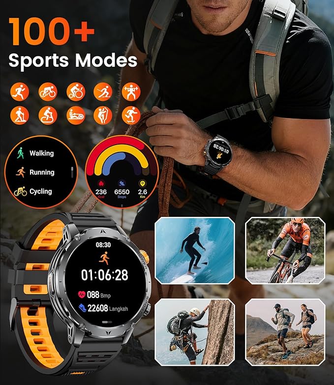 LIGE Smart Watch for Men with Flashlight,1.7" Smartwatch with 100+ Sports Modes,1000mAH,Health Tracker,IP68 Waterproof, Smart Watch for Android iOS Black 3 Straps 2 Chagers