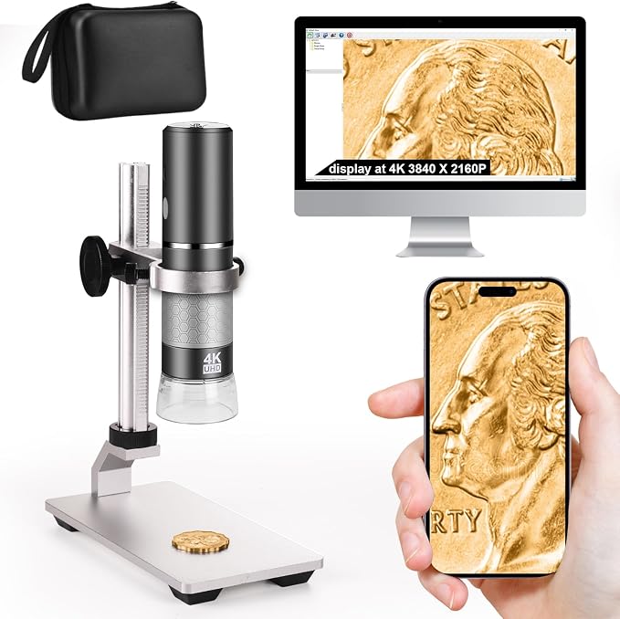 4K Microscope with Professional Stand + Case for iPhone Android PC, 50-1000X Digital USB Microscope Endoscope HD Camera for All Cellphones iPad Android Tablet Windows Mac Chrome Linux