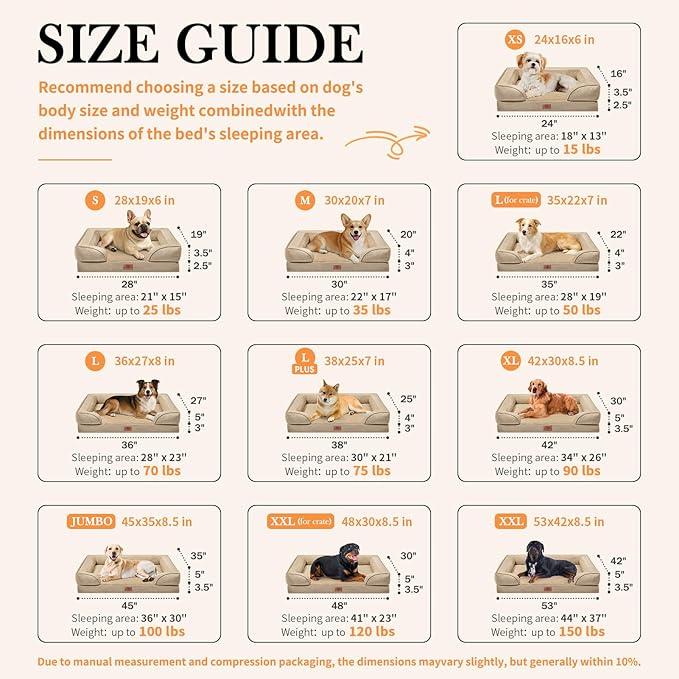 Comfort Expression Orthopedic Dog Bed for Extra Large Dogs 53x42 Inch, Waterproof Egg Crate Foam XXL Pet Bed with Removable Bolsters, Dog Couch with Washable Cover & Non-Slip Bottom, Light Brown