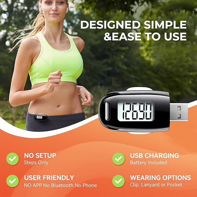3D Pedometer for Walking, Simple Walking Step Counter with Removable Clip and Strap, USB Rechargeable Step Tracker with Backlight, Accurate Step Counter for Men Women Seniors