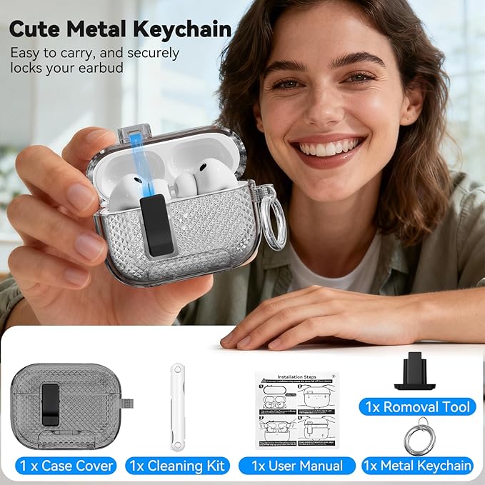 for AirPods Pro 3 Case with Phone Stand & Secure Lock, Auto-Open Clear Case Cover Compatible with Apple AirPods Pro 3rd Generation with Cleaning Kit & Keychain