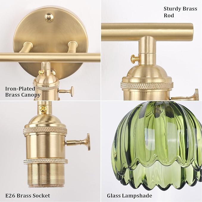 Battery Operated Bathroom Light Fixtures, 3-Light Brass Vanity Wall Light with 5000mAh Rechargeable Bulb Over Mirror with Green Tulip Glass Shade for Bedroom Living Room