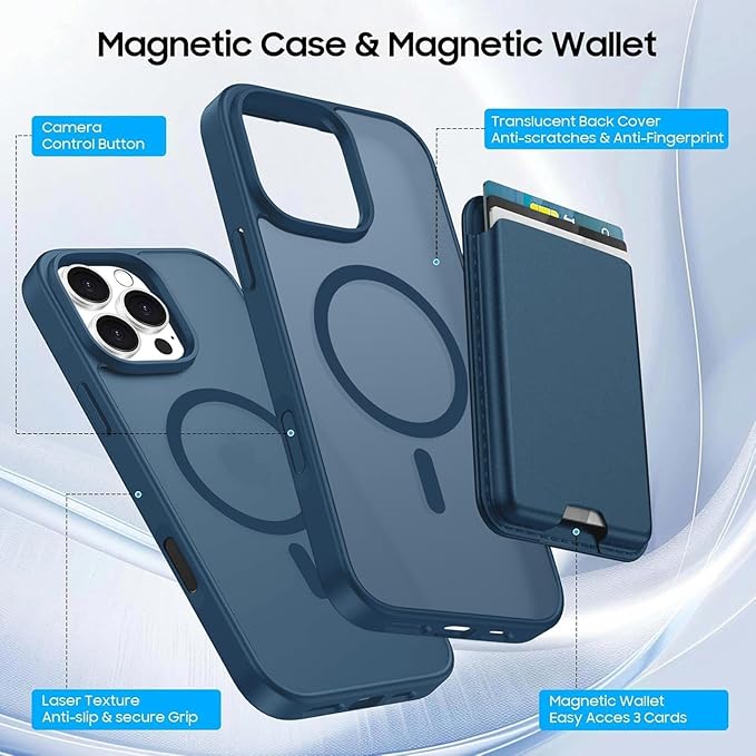 Magnetic for iPhone 16 Pro Case with Detachable Wallet, Compatible with MagSafe, Credit Card Holder with Slim Shockproof Protective Phone Cover, Deep Blue