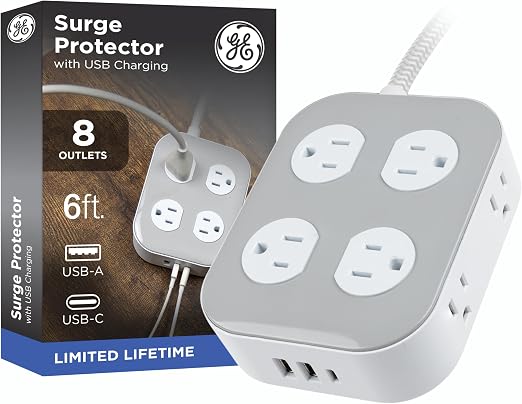 GE Surge Protector Power Strip with USB Ports, 6 Ft Braided Extension Cord
