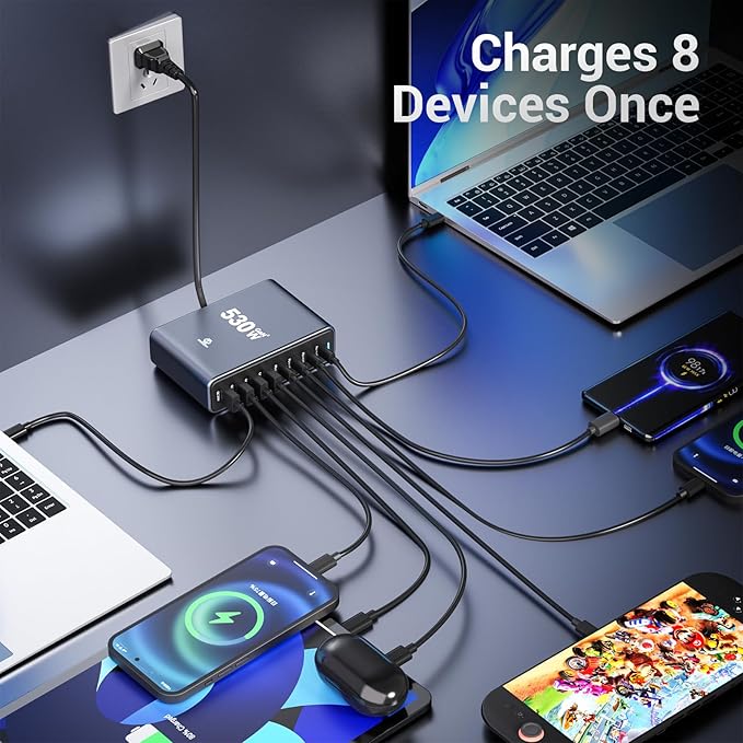 530W USB C Charging Station, 8-Port Desktop Charger, PD 140W PD 65W QC 30W GaN Ⅲ Fast USB Charger Block for MacBook, Ipad, iPhone, Samsung