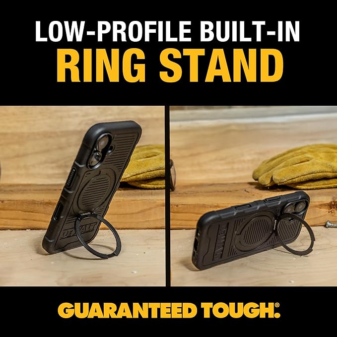 DEWALT Phone Case & Screen Protector Bundle for iPhone 16 – 360° Rotatable Magnetic Ring Stand + 2-Pack Tempered Glass for Ultimate Protection