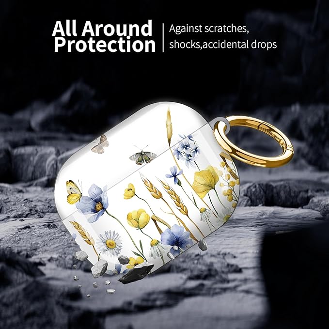 Compatible with AirPod Pro 3 (2025),Cute Case Cover for Women & Men, Full Protection Shockproof Hard Case with Keychain, Wireless Charging Case Accessories(Wildflowers Butterflies)