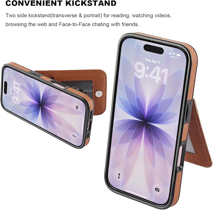 KIHUWEY Compatible with iPhone 17 Case Wallet with Credit Card Holder, Flip Premium Leather Magnetic Clasp Kickstand Heavy Duty Protective Cover for iPhone 17 6.3 Inch (Lichee Light Brown)